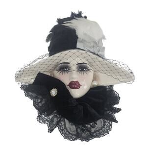 Unique Creations Wall Mask Lady Face Black Lace Feathers Vintage Art Maximalist